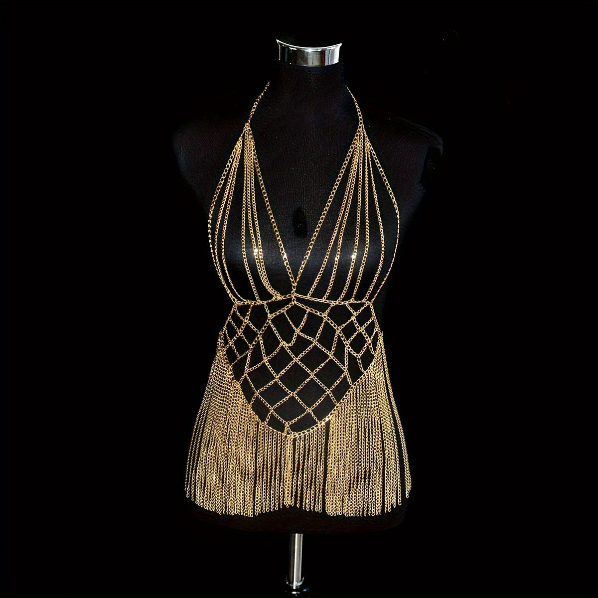 Elegant Golden-Tone Fringe Body Chain with Sparkling Bra Detail - Sexy Aluminum Alloy Party & Festival Accessory, Perfect for Nightclubs and Streetwear Fashion